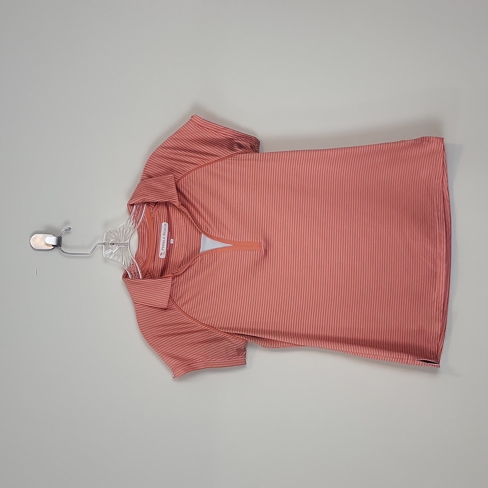 PEBBLE BEACH Performance Orange White V-Neck Striped Polo Golf Shirt